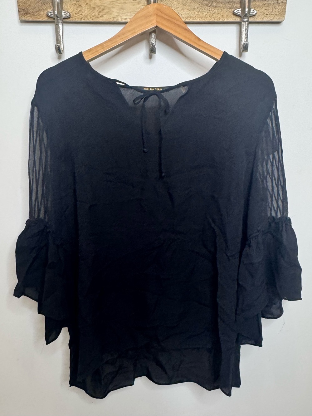 Kobi Halperin Black Tie-Neck Sheer Sleeve Blouse